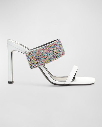 Sergio Rossi Leather Crystal Stiletto Slide Sandals In Bianco