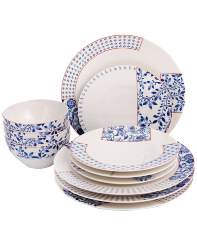 Porland 12 Piece Folksy Dinner Set In Blue/white
