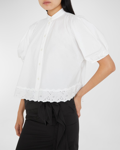 Simone Rocha Broderie Anglaise-trim Puff-sleeve Crop Shirt In Whitewhite