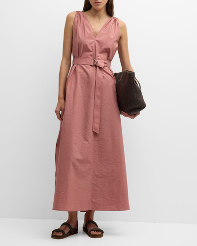 Brunello Cucinelli Crinkle Cotton Belted Maxi Dress With Monili Detail In C9596 Pink