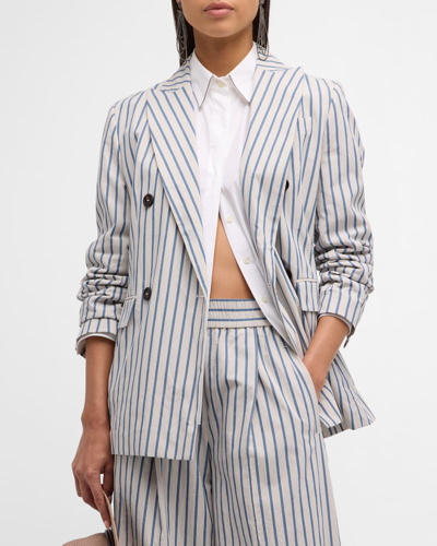 Brunello Cucinelli Striped Wrinkled Poplin Double-breasted Blazer Jacket In C004 White Blue