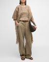 BRUNELLO CUCINELLI LINEN-SILK DEGRADE PAILLETTE OPERA KNIT LONG OPEN CARDIGAN WITH FRINGE