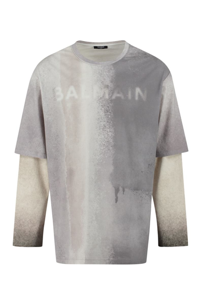 Balmain Logo Cotton Oversized T-shirt In Grey,sand
