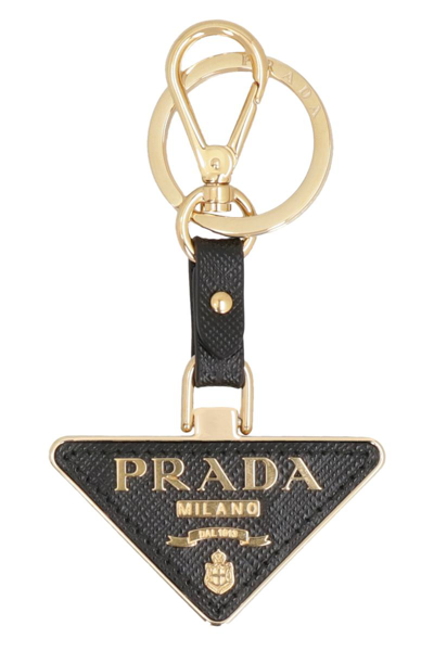 Prada Leather Keyring With Logo In Black