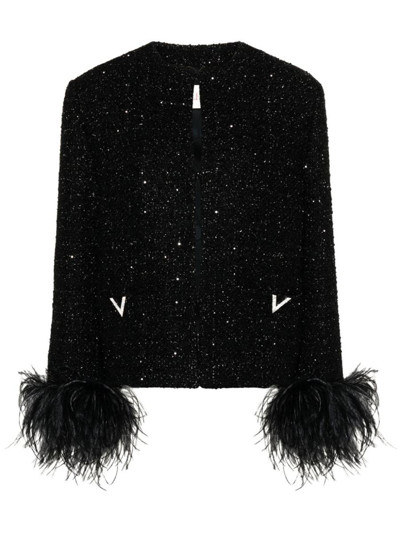 Valentino Feather Trim Metallic Tweed Jacket In Black
