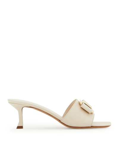 Ferragamo Mules Mid Heel Bow Detailing In White