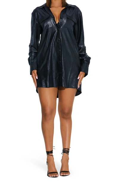N By Naked Wardrobe Drip Long Sleeve Faux Leather Mini Shirtdress In Black