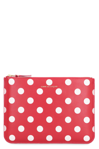 Comme Des Garçons Dots Printed Leather Pouch In Red