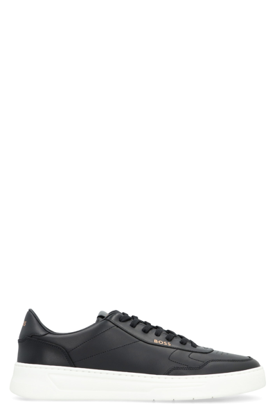 Hugo Boss Gary Burnished-leather Trainers With Hidden Laces In Black