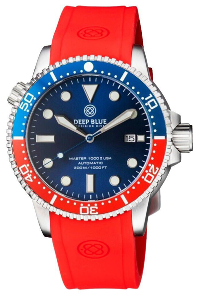 Pre-owned Deep Blue Master 1000 44mm Automatic Mens Diver Watch Black Blue Red Strap Pepsi