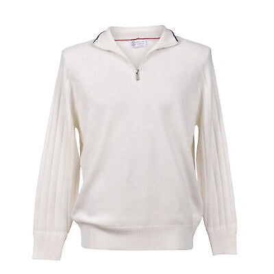 Pre-owned Brunello Cucinelli Men's 100% Cashmere 1/4 Zip Up Sweater/pullover In White