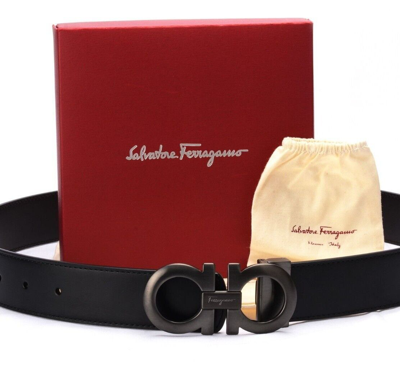 Pre-owned Ferragamo Salvatore  Gancini Reversible Belt 35mm Black/hickory Ruthenium In Multicolor