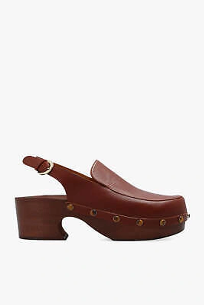 Pre-owned Chloé $1225 Chloe Aurna Brown Leather Slingback Clog Shoes Real Wood Structurenew In