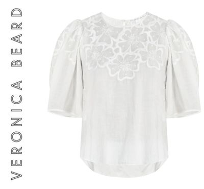 Pre-owned Veronica Beard Sz 8  Top Kamryn White Floral Short Puffed Sleeve Blouse $398