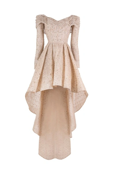 Saiid Kobeisy High Low Tulle Embroidered Dress With Off-shoulder Sleeves In Neutrals
