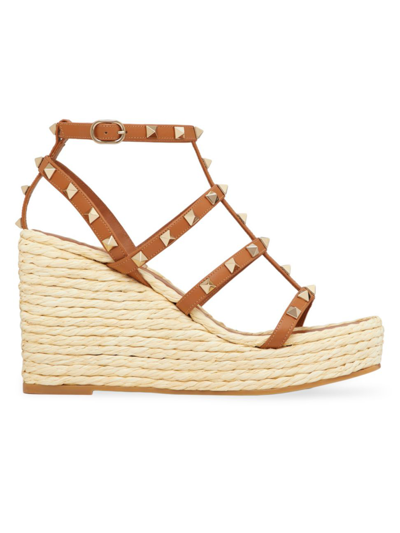 Valentino Garavani Rockstud Caged Wedge Espadrille Sandals In Tan