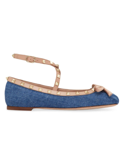 Valentino Garavani Rockstud Satin And Leather-trimmed Denim Ballet Flats