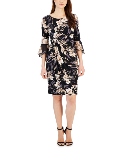 Connected Petite Printed Side-tab Chiffon Sheath Dress In Taupe