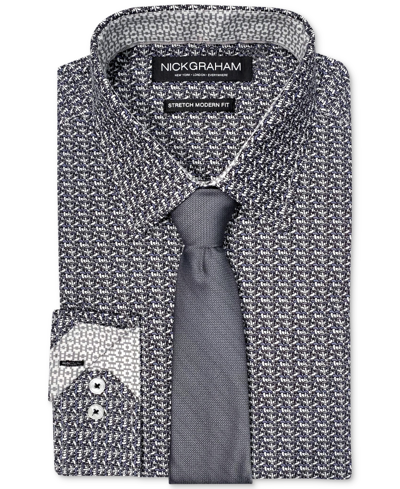 Nick Graham Men's Slim-fit Performance Stretch Mushroom-print Dress Shirt & Slim Tie Set In Grey