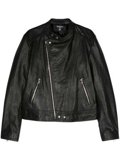 Balmain Zipped Calfskin Biker Jacket Clothing In Black