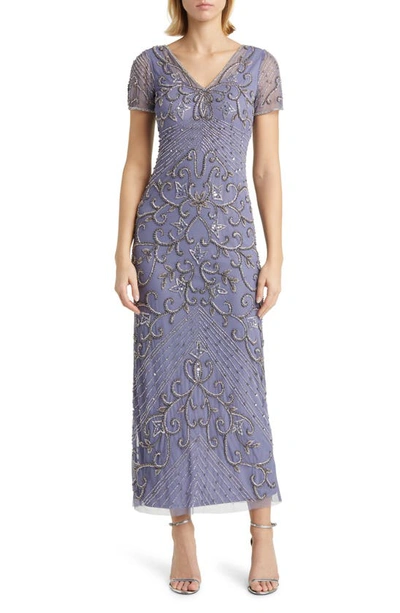 Pisarro Nights Beaded Mesh Column Gown In Violet