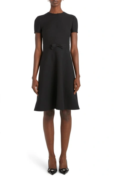 Valentino Tonal Bow Waist Crepe Couture Flare Wool Dress In Nero