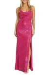Morgan & Co. Cowl Neck Sequin Crossback Body-con Gown In Hot Pink