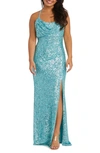 Morgan & Co. Cowl Neck Sequin Crossback Body-con Gown In Teal