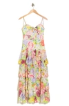 ALICE AND OLIVIA FINA FLORAL EMBROIDERED EYELET RUFFLE TIERED MIDI DRESS