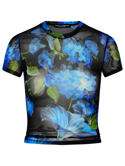 Dolce & Gabbana Tulle T-shirt With Bluebell Print In Campanule_fdo_nero