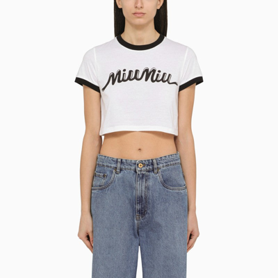 ☆関税込☆MIUMIU★CROP COTTON T SHIRT★ Miu Miu Logo-print Cropped T-shirt In White | ModeSens
