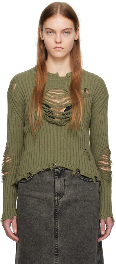 Open Yy Khaki Damaged Heart Sweater