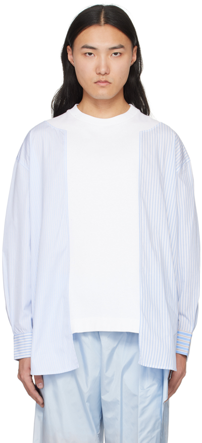 Simone Rocha Blue Patchwork Long Sleeve T-shirt In White/stripes/pearl