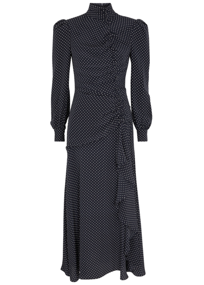 Alessandra Rich Polka-dot Printed Silk Midi Dress In Navy