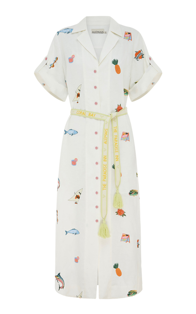 Alemais Blue Marlin Embroidered Linen Shirt Dress In Ivory