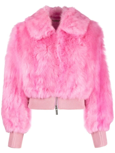 Blumarine Shearling Pointed-collar Jacket In Pink