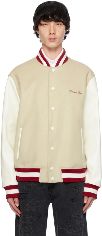 Balmain Bomber Jacket With Logo Embroidery In Beige,white