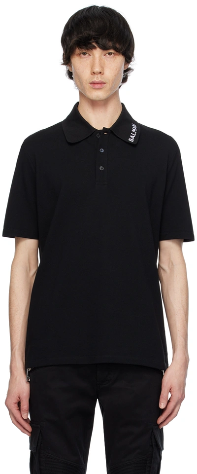 BALMAIN BLACK EMBROIDERED POLO