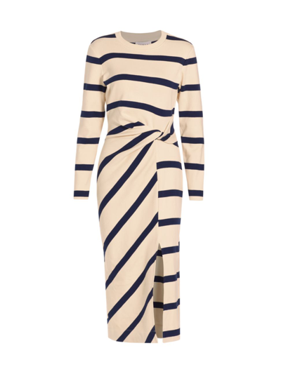 Tanya Taylor Cody Rugby Stripe Twisted Midi Shirt Dress In Cream Maritime Blue