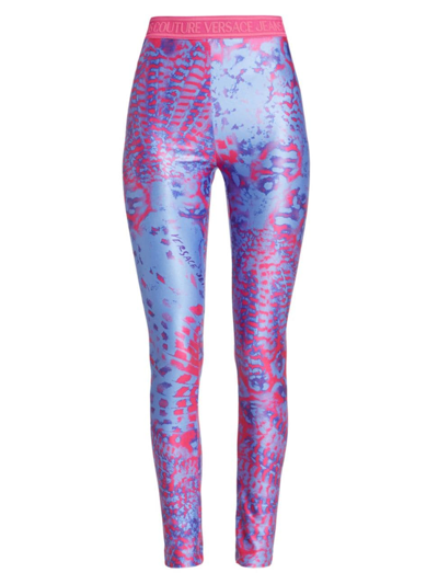 Versace Jeans Couture Animalier-print Logo-waistband Leggings In Cerulean