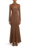 Tom Ford Long Sleeve Metallic Lace Turtleneck Maxi Dress In Antique Bronze