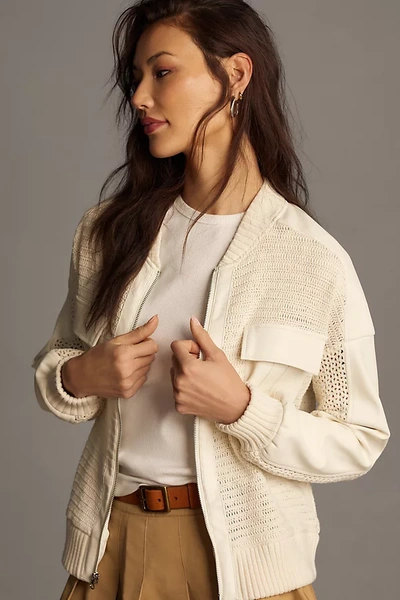 By Anthropologie Crochet Bomber Cardigan Sweater In White