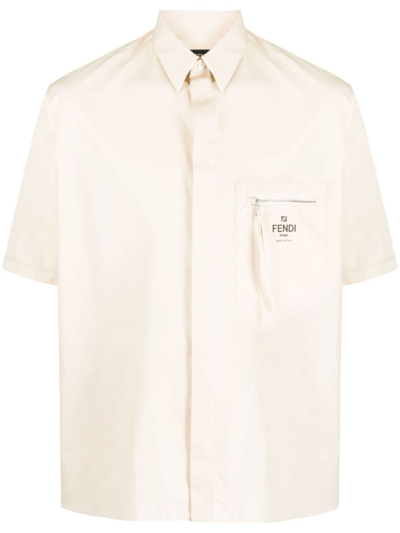Fendi Neutral Logo-print Cotton Shirt In Neutrals