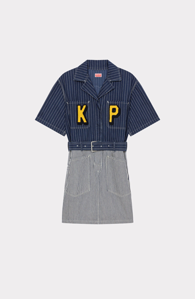 Kenzo Logo-patch Striped Denim Shirt Dress In Rinse Blue Denim