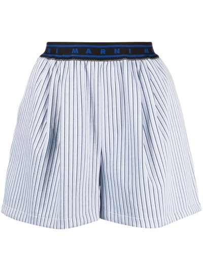 Marni Logo-waistband Striped Shorts In Azure