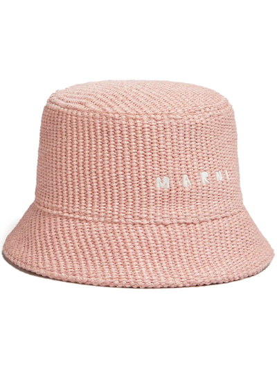Marni Logo-embroidered Woven Bucket Hat In Pink
