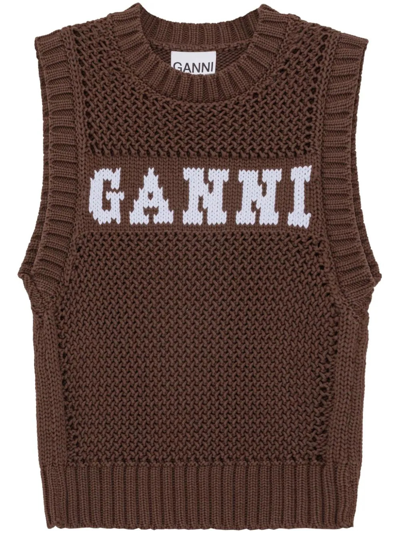 Ganni Intarsia-knit Logo Organic-cotton Blend Waistcoat In Brown