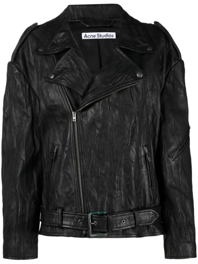 Acne Studios Crinkled Leather Biker Jacket In Black