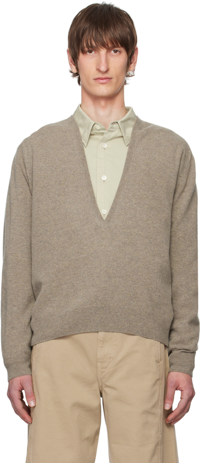 Lemaire Beige Deep V-neck Sweater In Bk916 Beige Grey