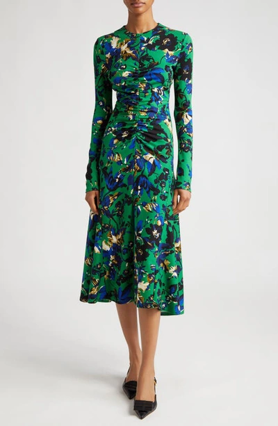 Erdem Floral-print Long-sleeve Gathered Midi Dress In Green